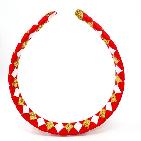 Handmade Diamond Pattern Red Glitter Gold White Double Ribbon Headband SF 49ers - Picture 2 of 4